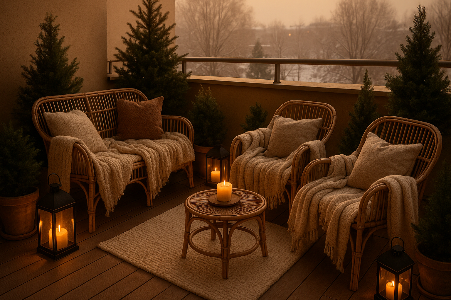 Idee per creare una zona relax invernale sul terrazzo: design, tessuti e piante adatte alle basse temperature