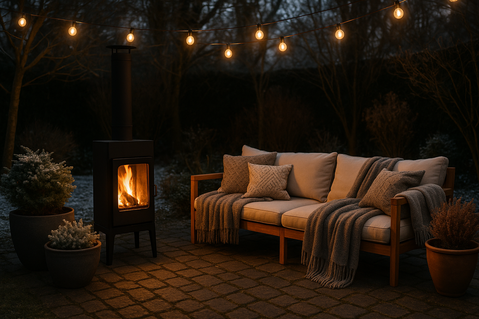 Arredare un angolo relax invernale in giardino: idee con stufe da esterno e arredi accoglienti