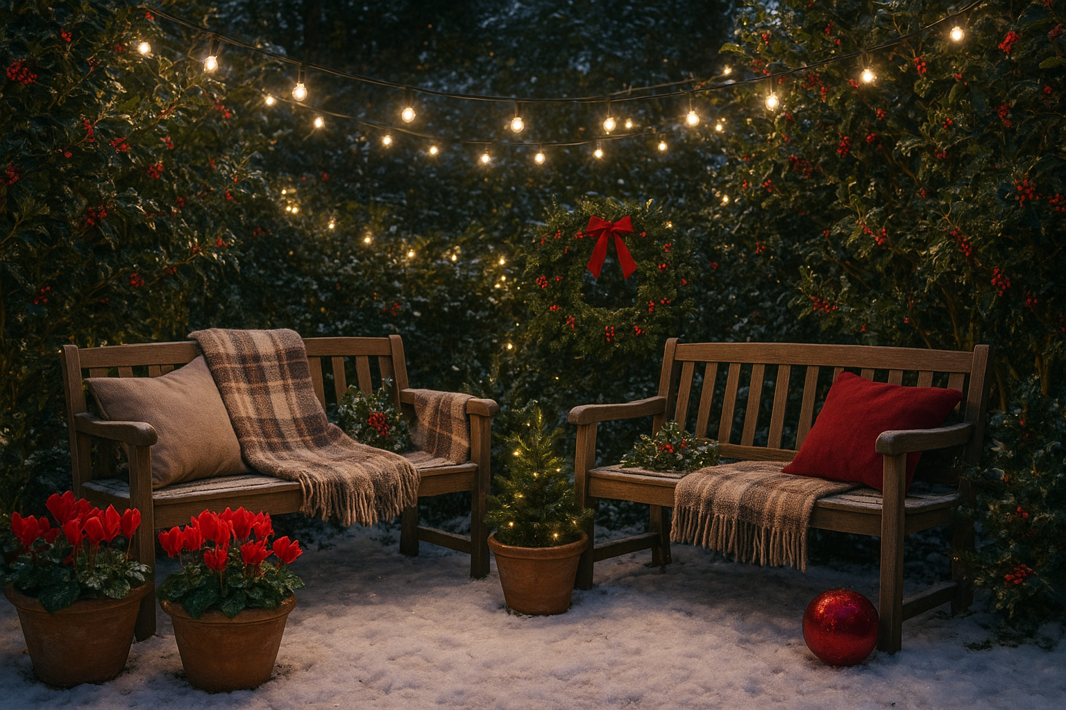 Idee per decorare il giardino a dicembre: luci, tessuti e angoli verdi