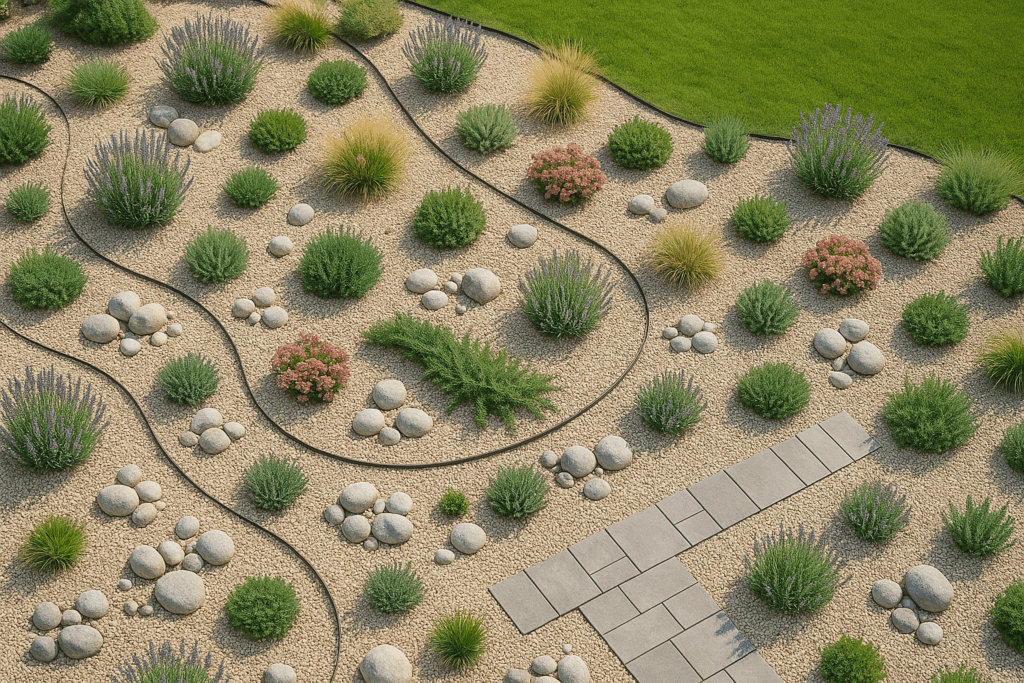 aiuole di sassi e piante perenni: idee per un giardino facile