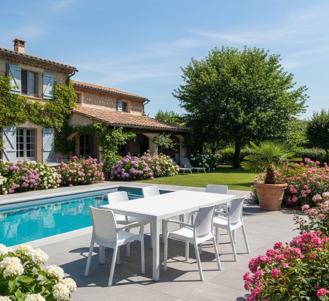 Dmora set salotto da esterno Manarola: tavolo e sedie effetto rattan per rinnovare il giardino