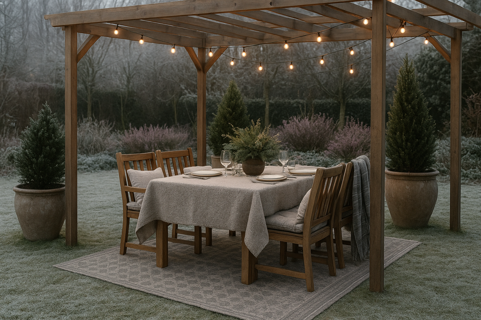 Zona pranzo invernale in giardino: come organizzarla a febbraio con piante e tessuti