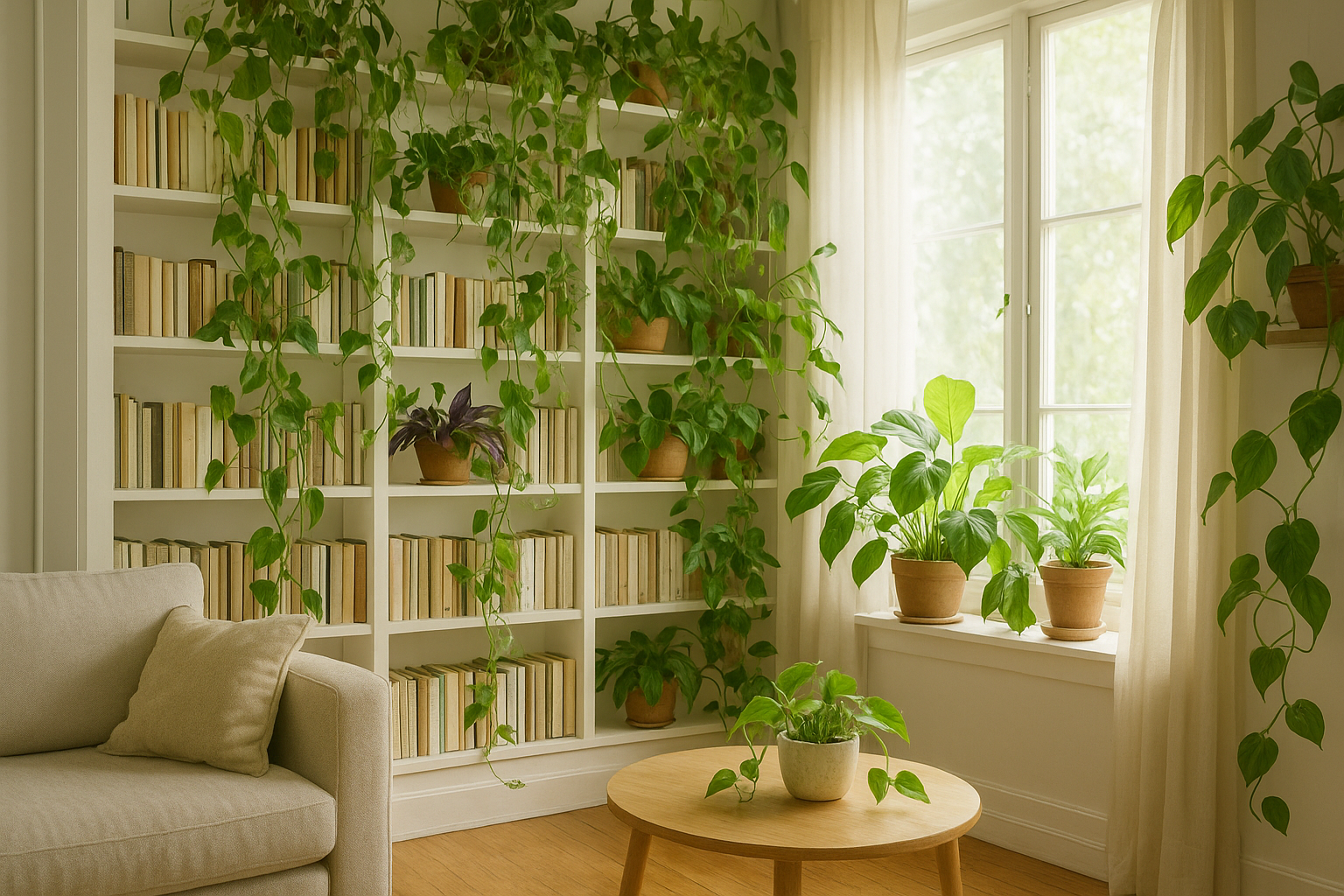 Piante da interno pendenti facili: come sfruttare mensole e librerie per creare un effetto giungla