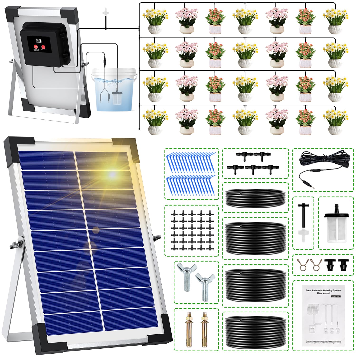 Kit irrigazione solare Onherm per 30 vasi, l’impianto a goccia smart per balconi verdi proposto su Amazon
