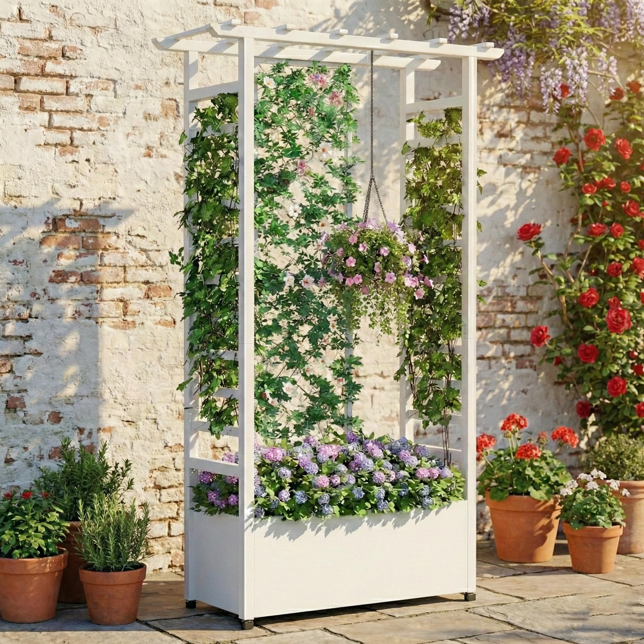 Aiuole rialzate con traliccio per piante rampicanti: come usare la fioriera mobile in metallo