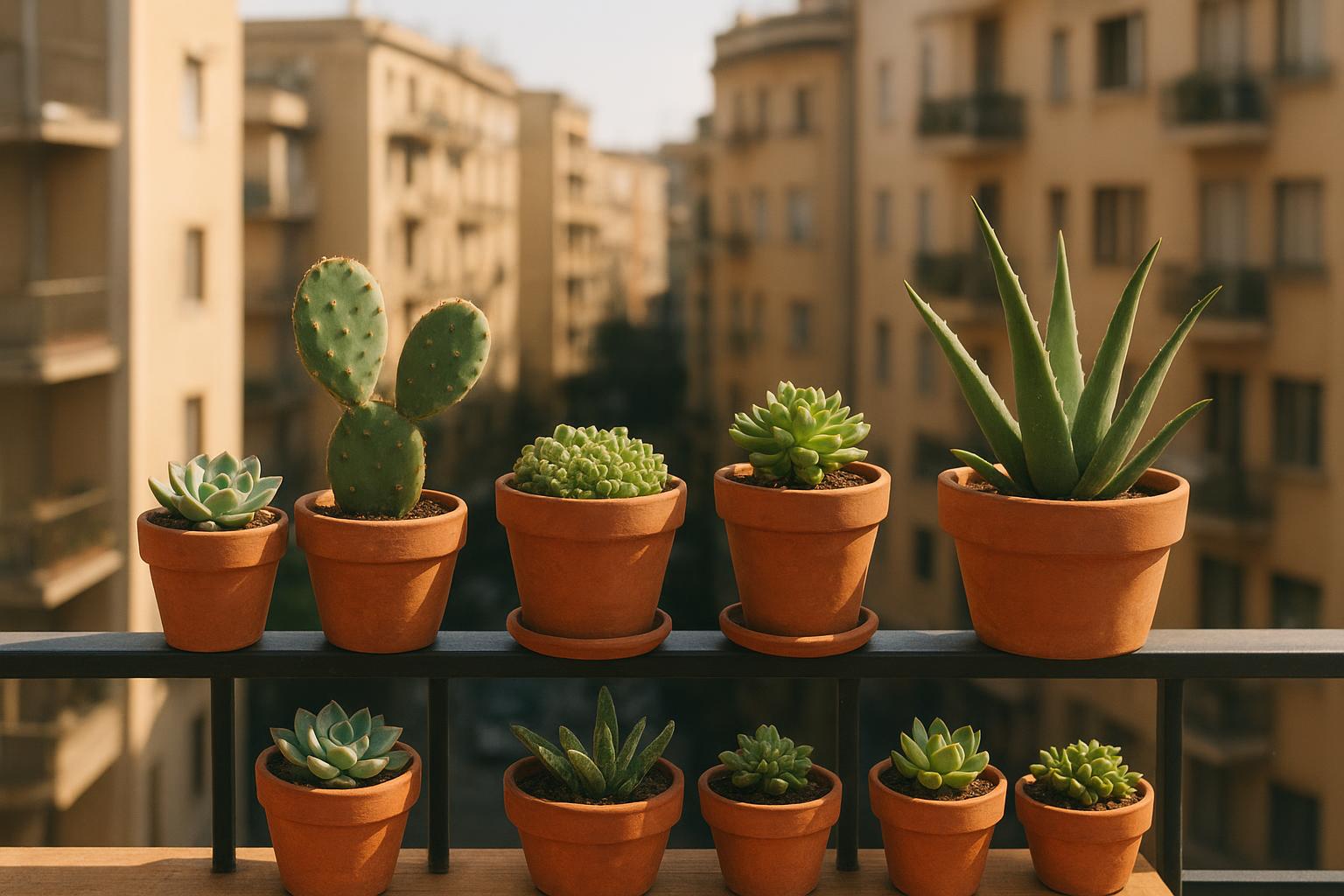 Piante grasse rustiche per balconi di città esposti al sole di marzo