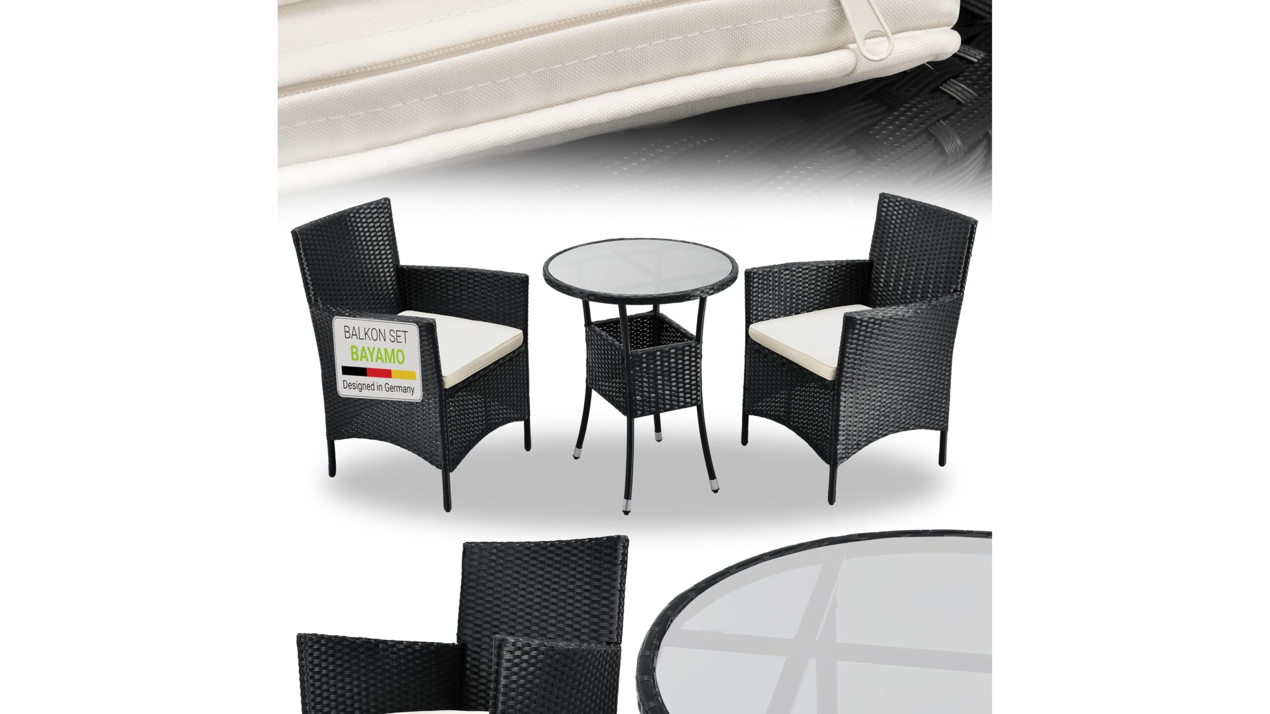 Set da balcone Juskys Bayamo, il salottino in polyrattan compatto ideale per terrazzi fioriti