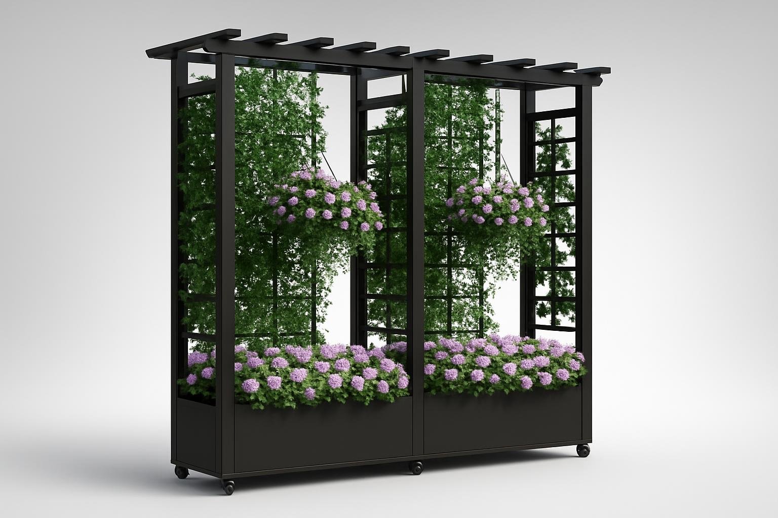 Aiuola rialzata in metallo con traliccio e tetto sospeso, un mini giardino verticale pronto all’uso