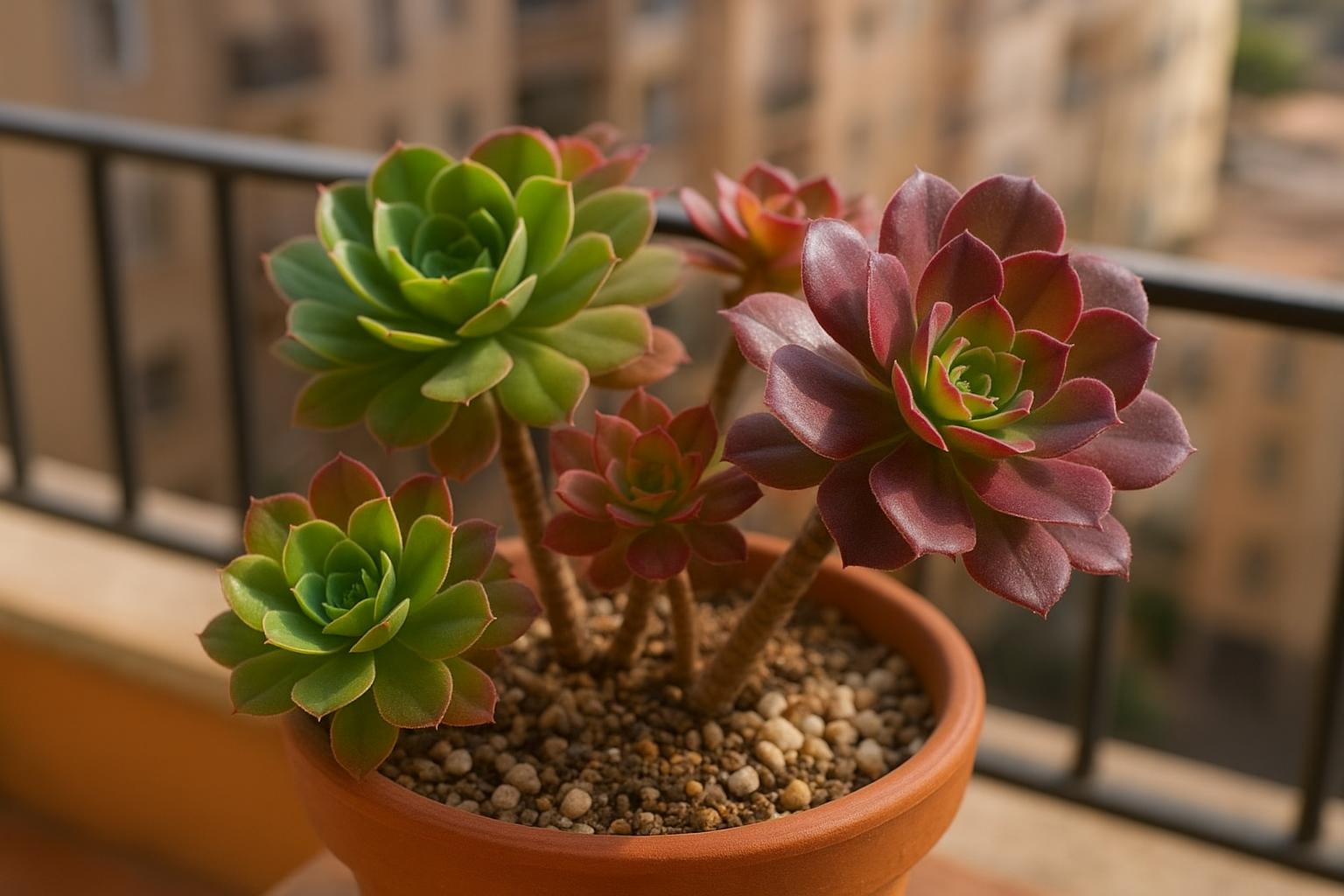 Aeonium in vaso sul balcone: esposizione, rinvasi e cura delle rosette succulente