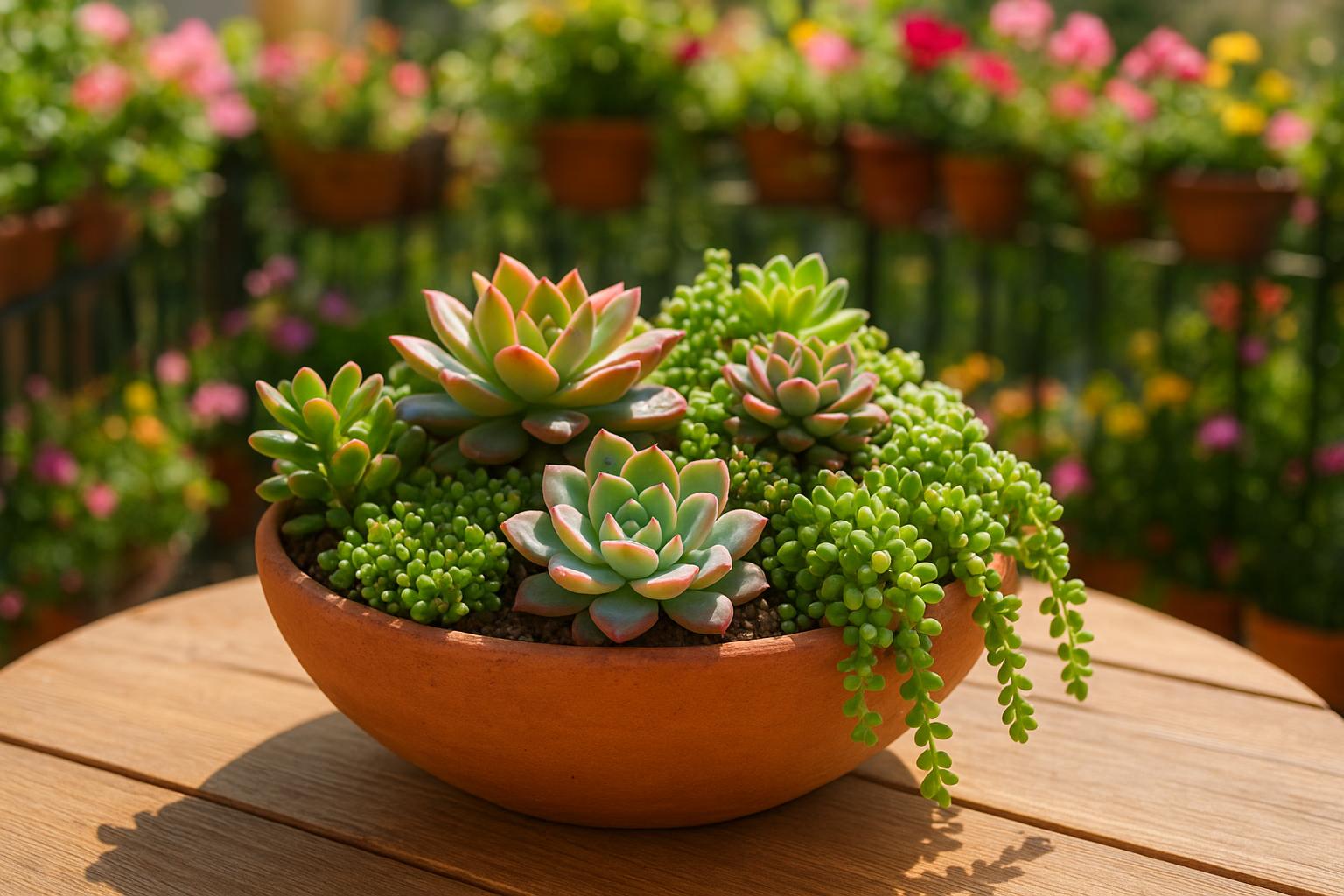 Piante grasse per ciotole miste da tavolo primaverile: idee per centrotavola da esterno che non temono il sole