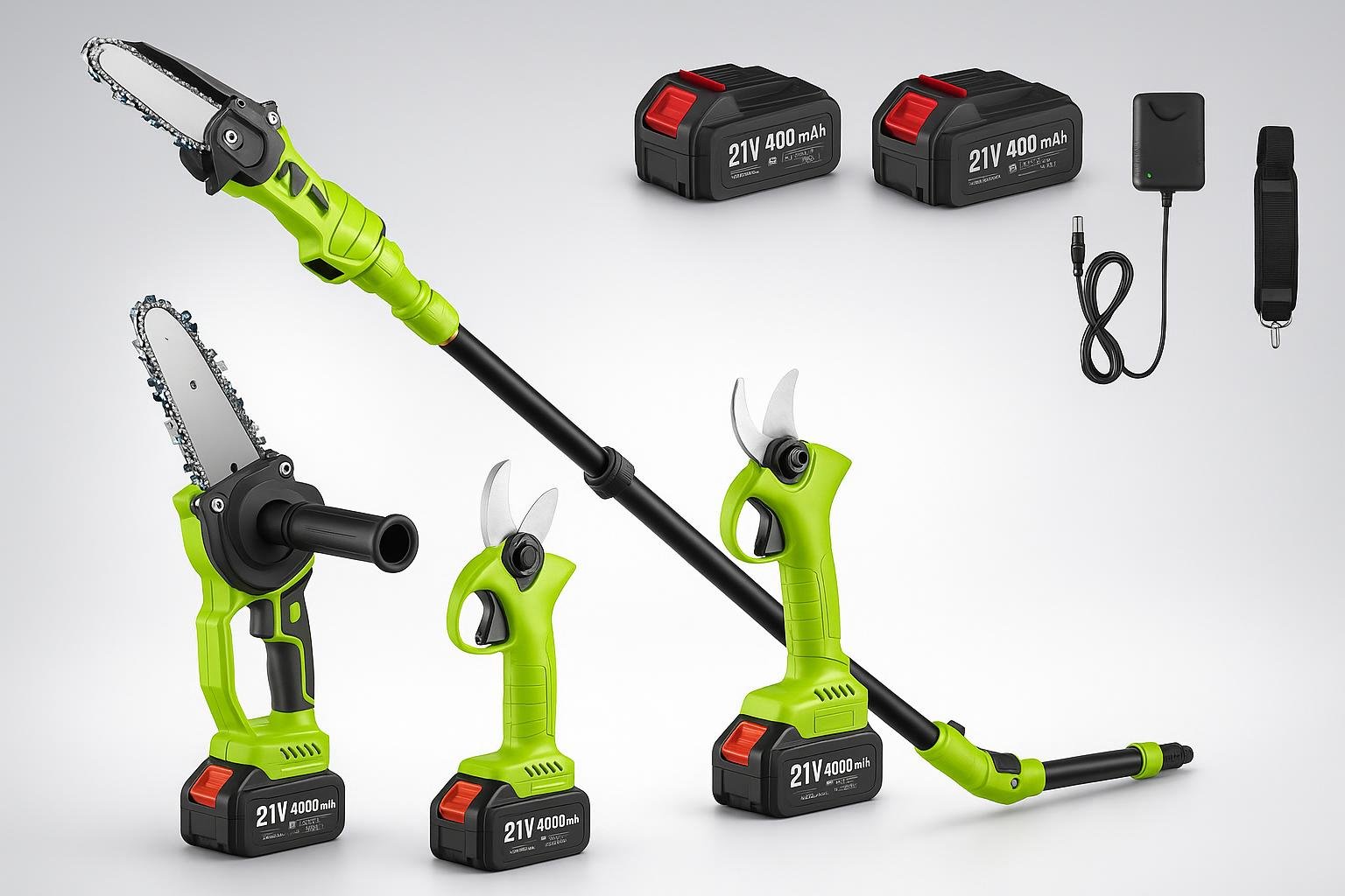 Kit 4 in 1 Supstable con motosega e forbici a batteria, alleato completo per la potatura in giardino