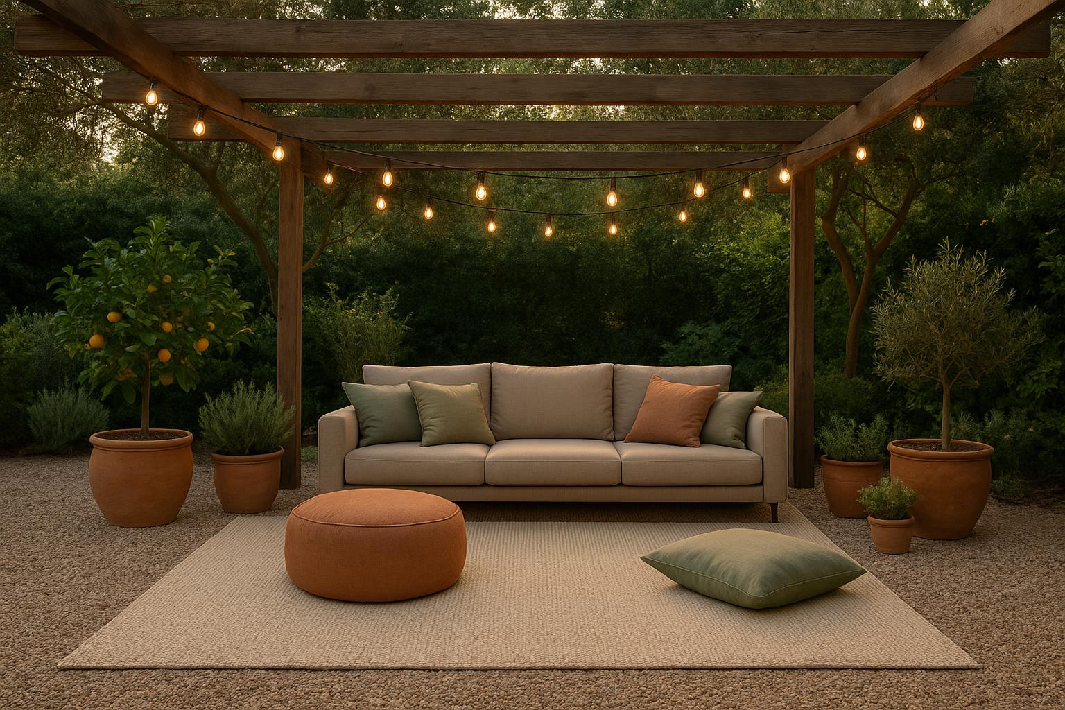 Salottino ombreggiato in giardino: idee con tappeti e cuscini outdoor per rilassarsi tra le piante