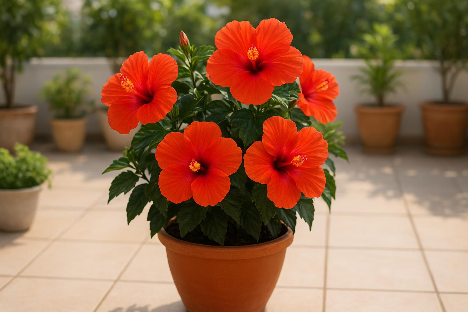 Hibiscus rosa-sinensis in vaso sul terrazzo: fioriture tropicali per tutta l’estate