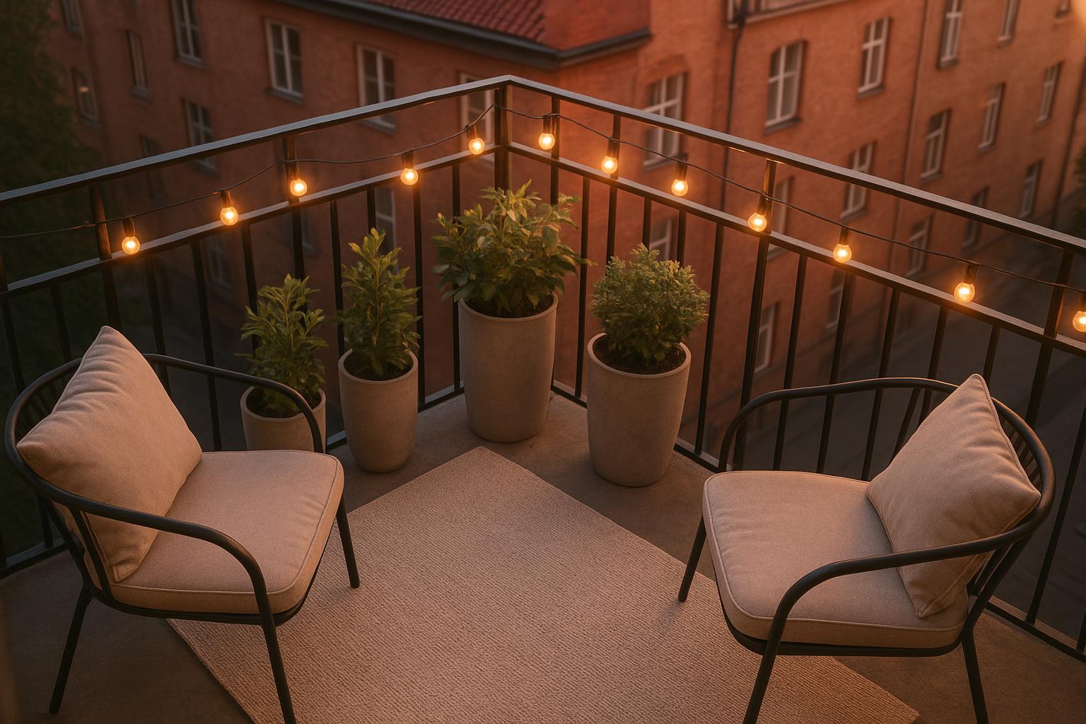 Angolo relax sul balcone di fine maggio: idee con tappeto da esterno, piante in vaso alto e luci soffuse