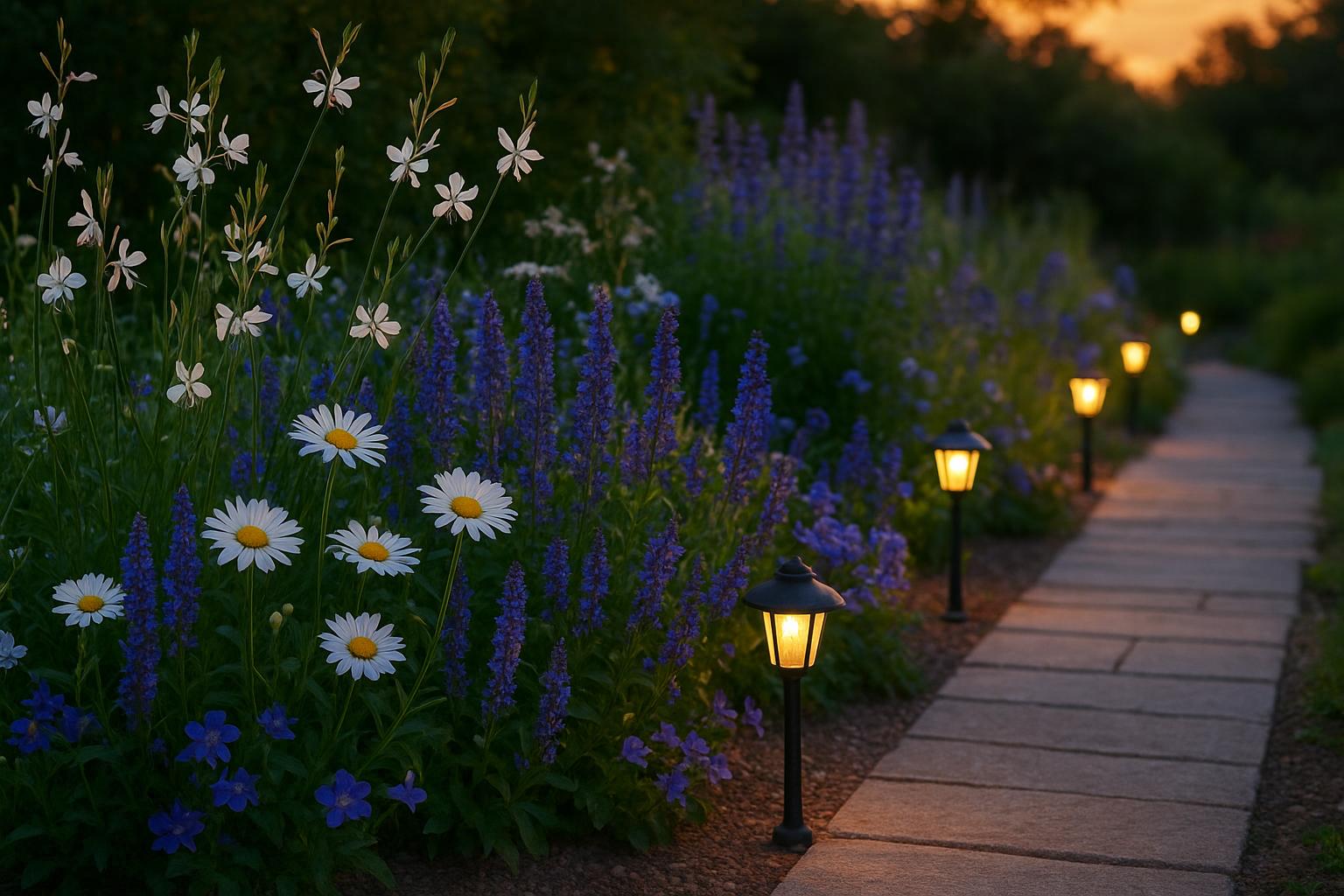 Fiori perenni bianchi e blu per bordure serali di inizio estate