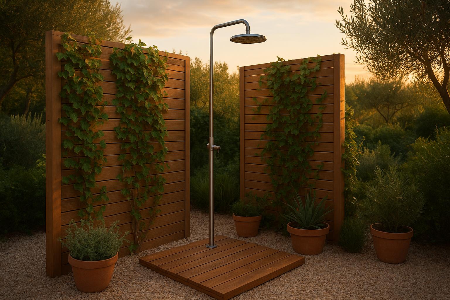 Doccia verde in giardino: idee per integrare una zona acqua tra rampicanti, ghiaia e legno