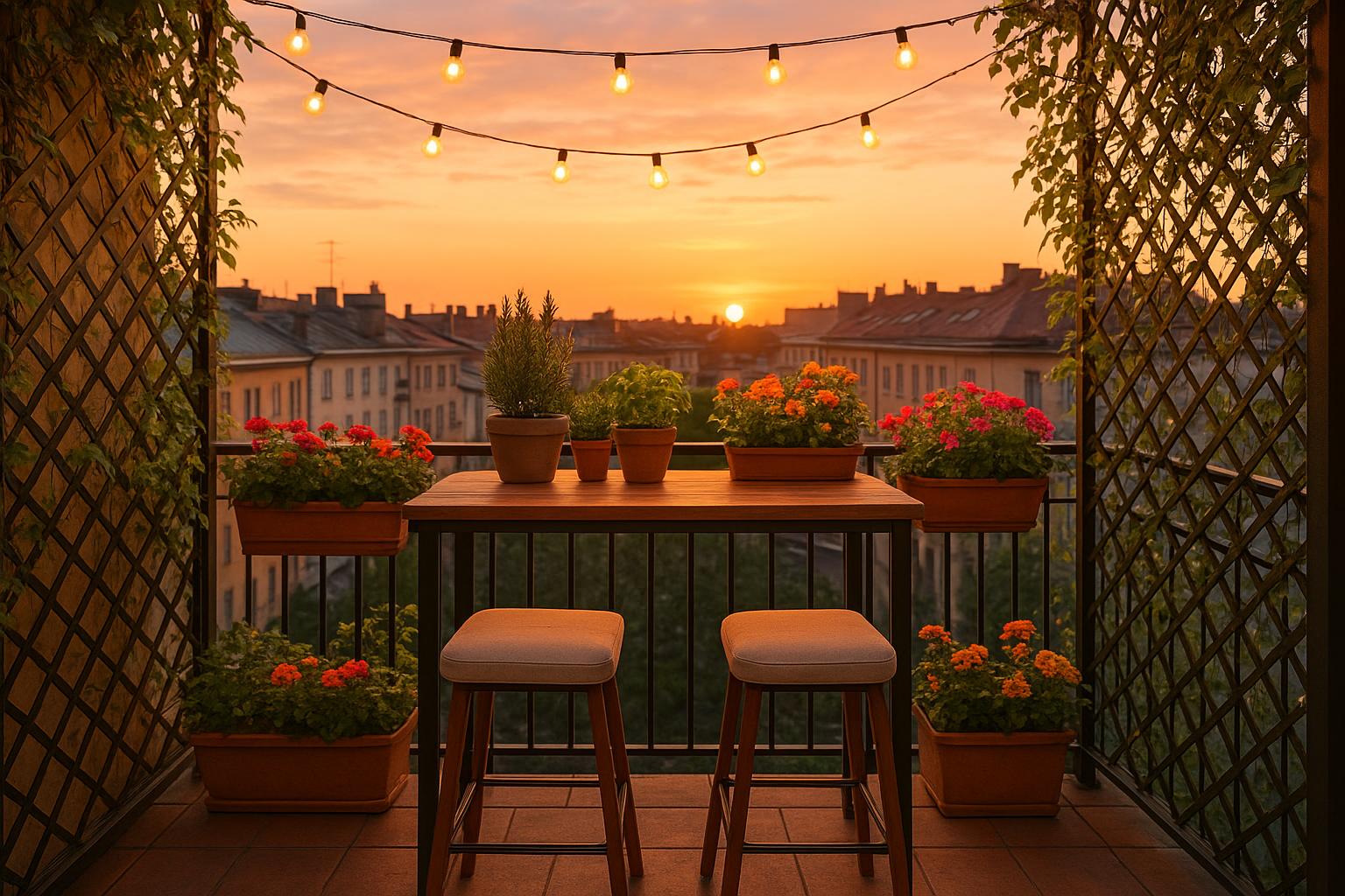 Tavolo alto con sgabelli per il balcone: idee green per cenare tra i vasi a maggio