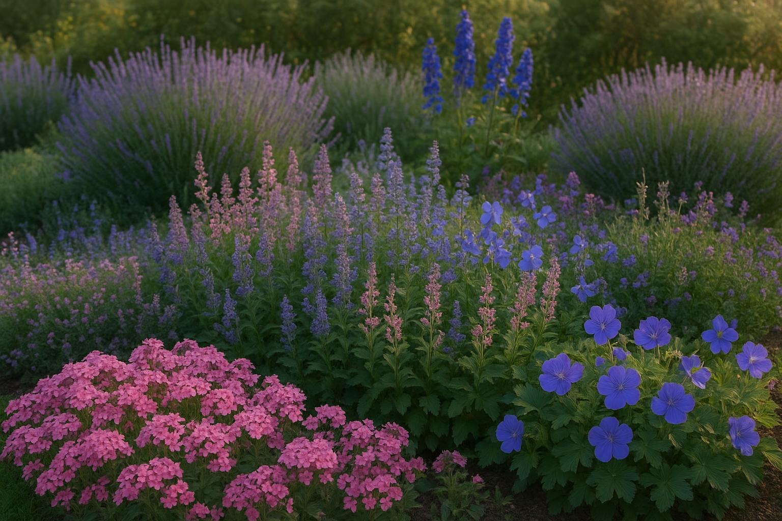 Fioriture perenni rosa e blu per le bordure di maggio: abbinamenti semplici per giardini scenografici