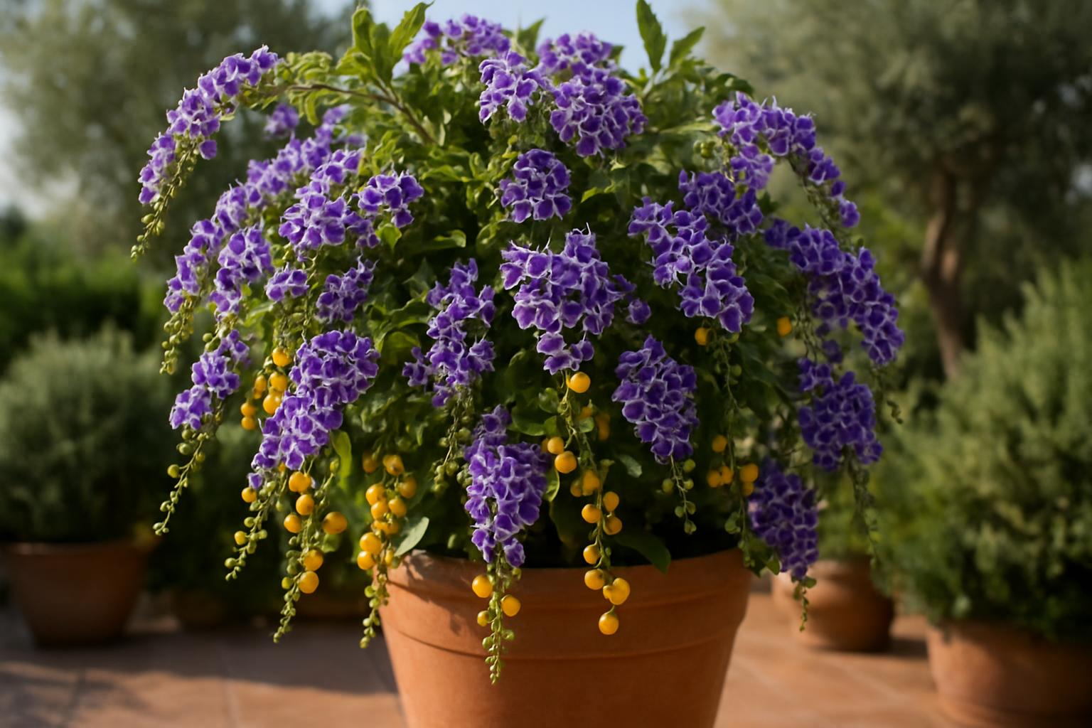 Duranta erecta in vaso e in giardino: la cascata viola-oro per bordure e siepi leggere