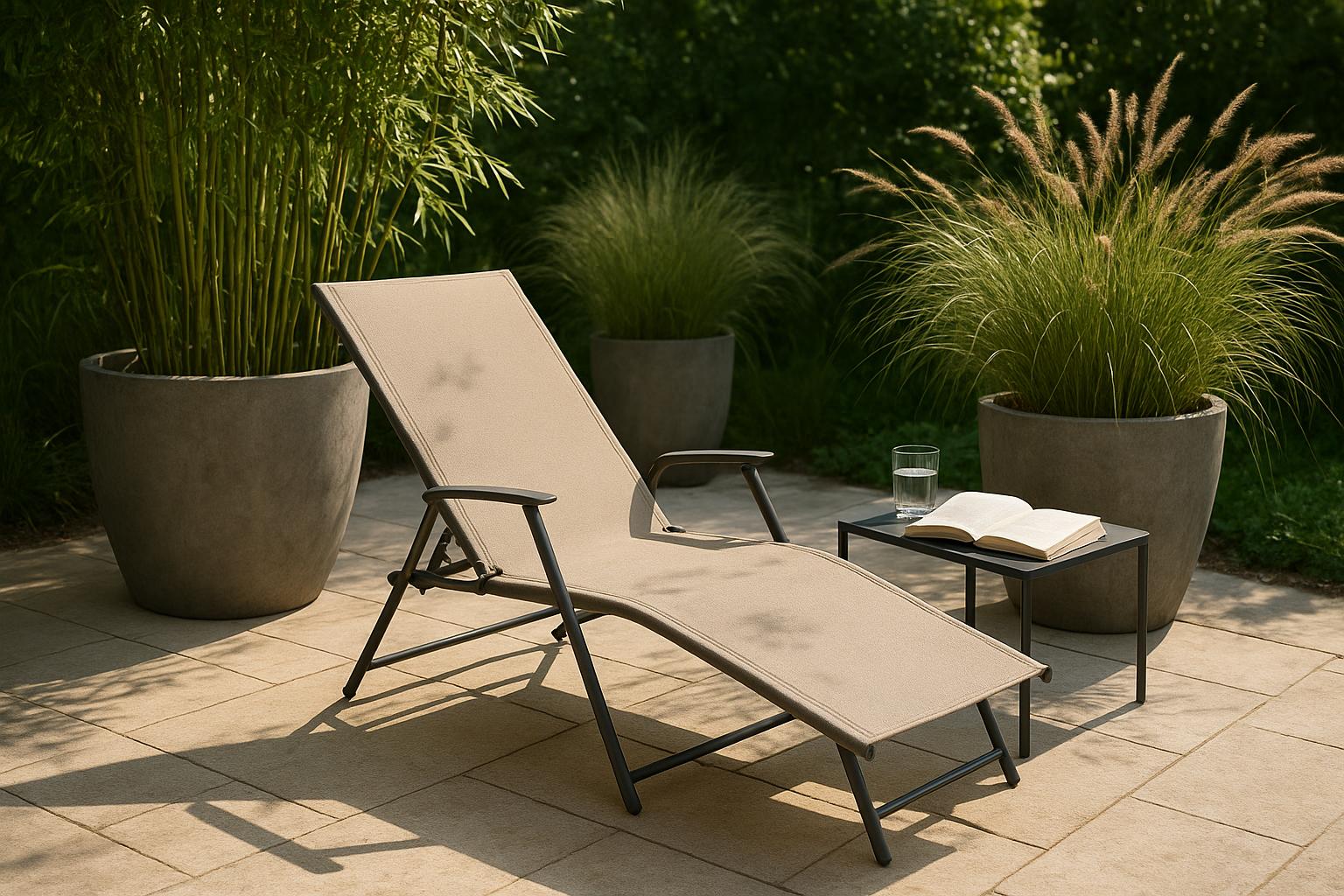 Zona relax all’ombra leggera: come arredare un angolo lettura in giardino solo con sdraio, tavolino e grandi vasi