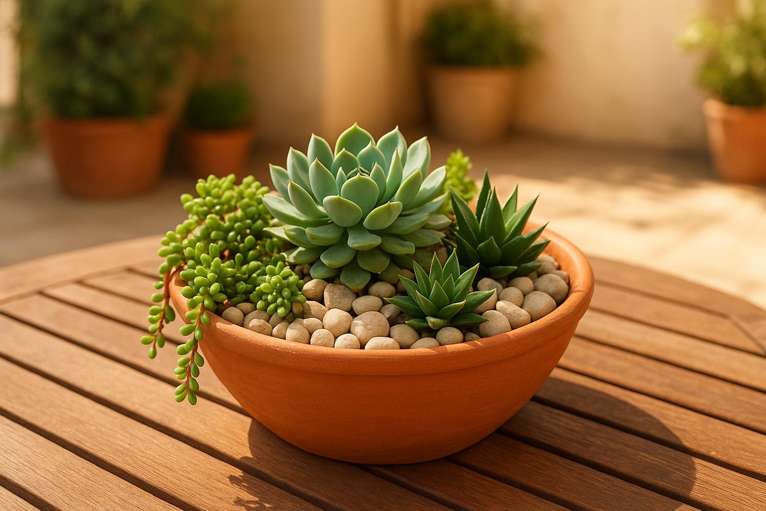 Ciotole mediterranee di succulente per la tavola all’aperto: composizioni estive a bassa manutenzione