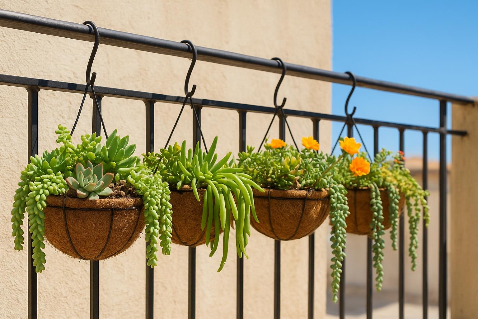 Piante grasse sospese all’aperto: come creare cestini pensili resistenti al sole estivo