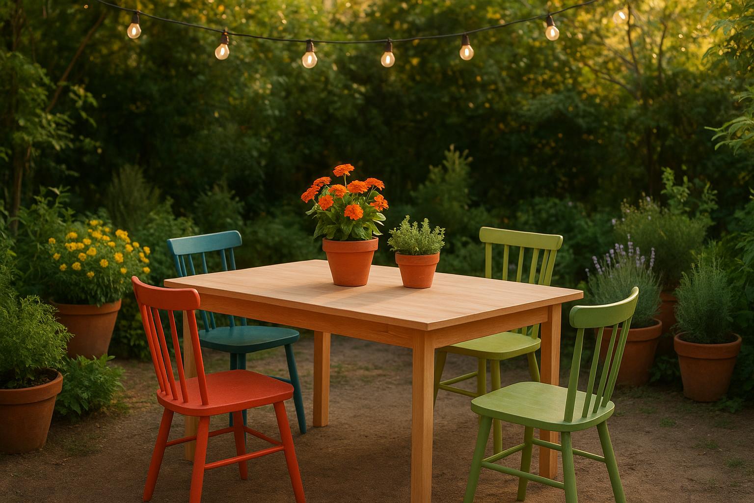 Zona pranzo colorata in giardino: come abbinare sedie spaiate, tavolo e piante estive