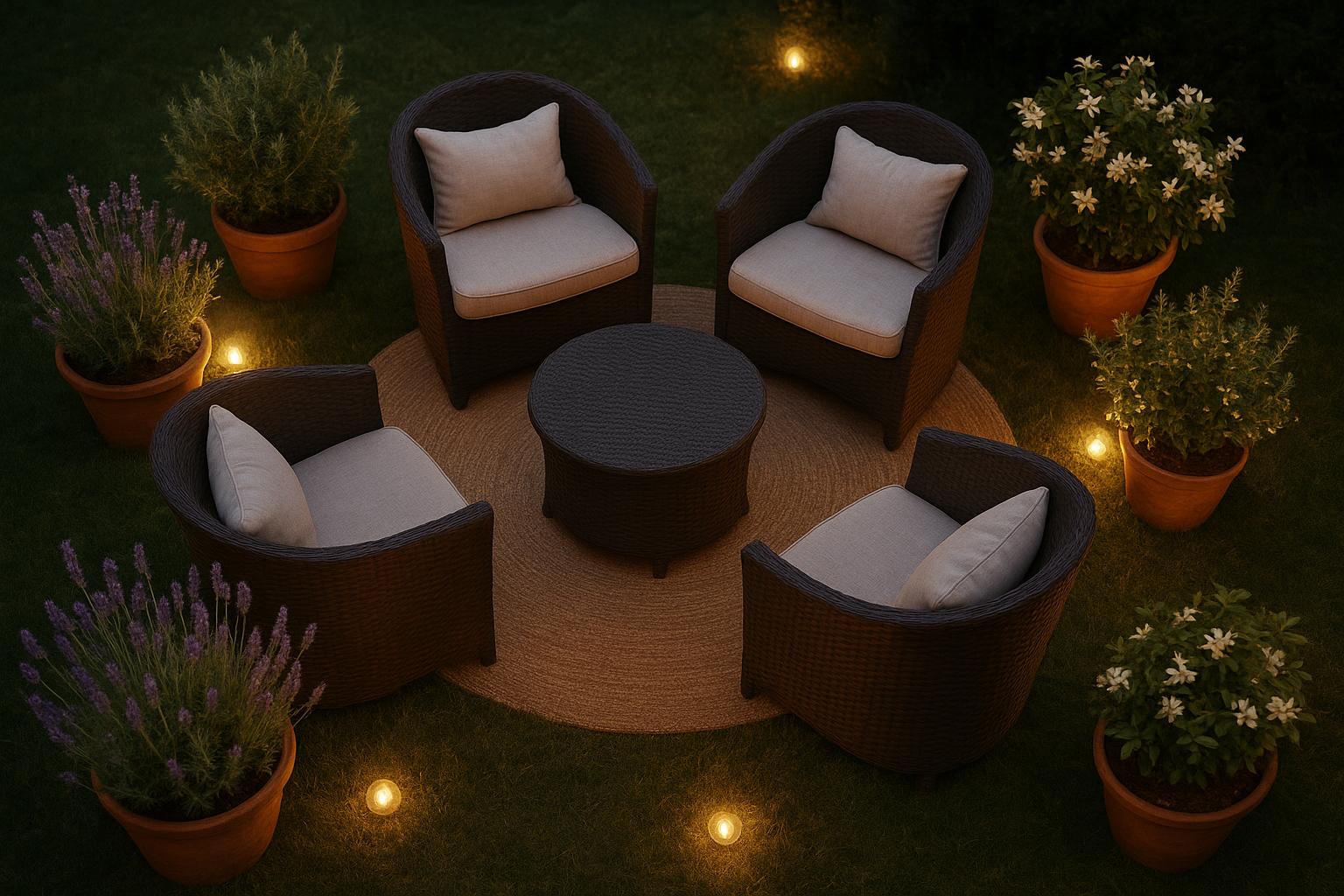 Un piccolo salotto circolare in giardino: idee di arredo con poltrone e piante profumate per le sere d’estate
