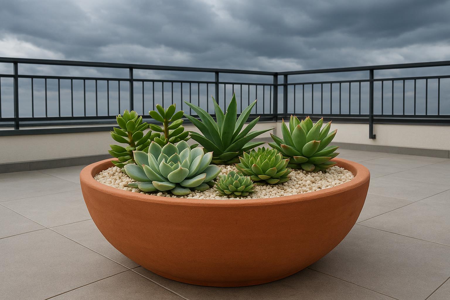 Giardino di piante grasse su terrazzo ventoso: ciotole scenografiche resistenti a caldo e raffiche