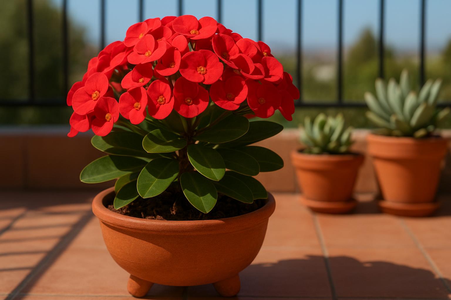 Euphorbia milii (corona di Cristo) in terrazzo: coltivazione estiva di una pianta grassa fiorita