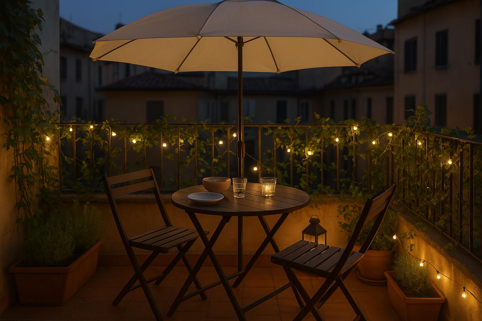 Zona pranzo estiva in terrazzo: come arredare con tavolo compatto, ombra leggera e piante in vaso