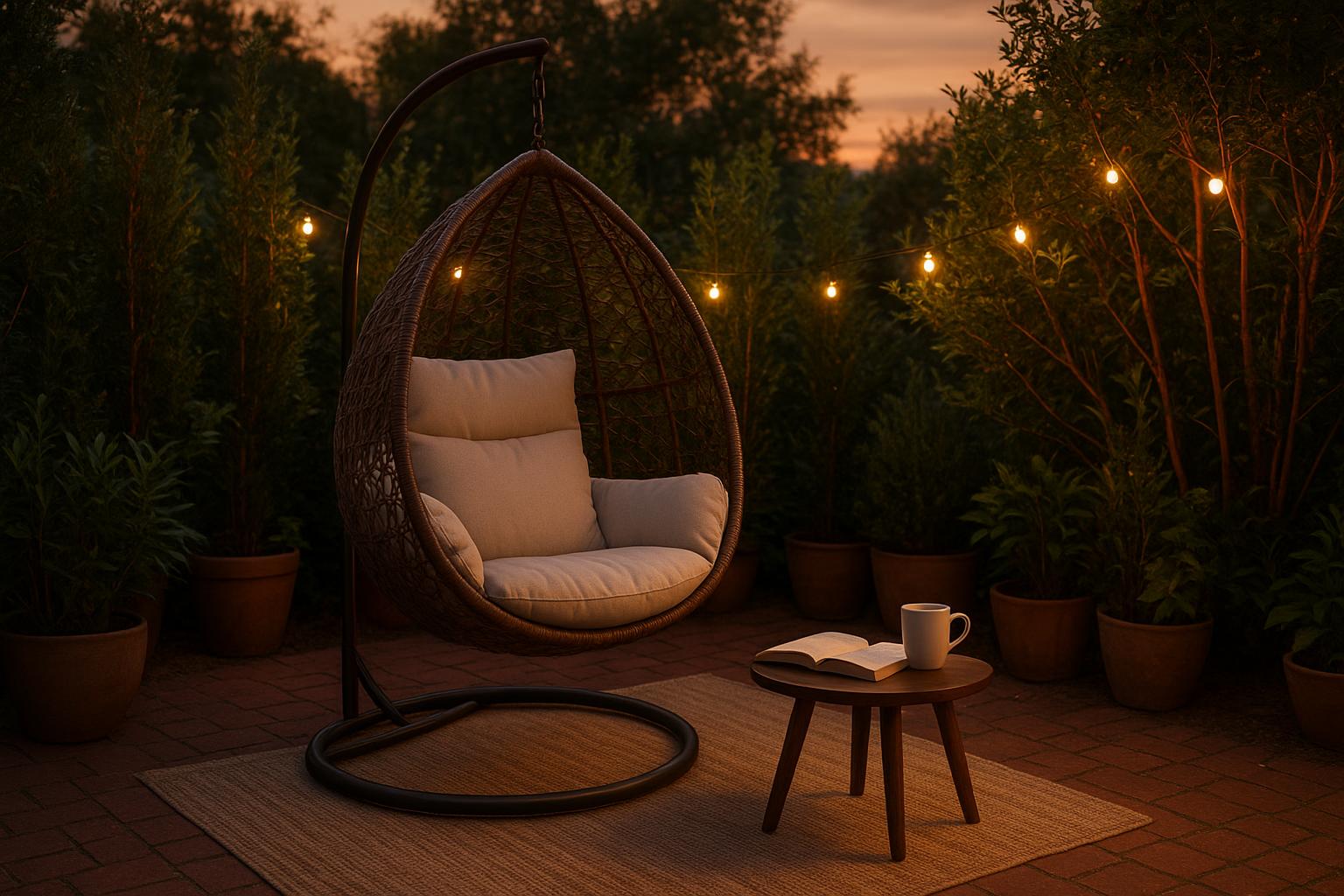 Zona lettura sospesa in giardino: come arredare con poltrone appese e piante