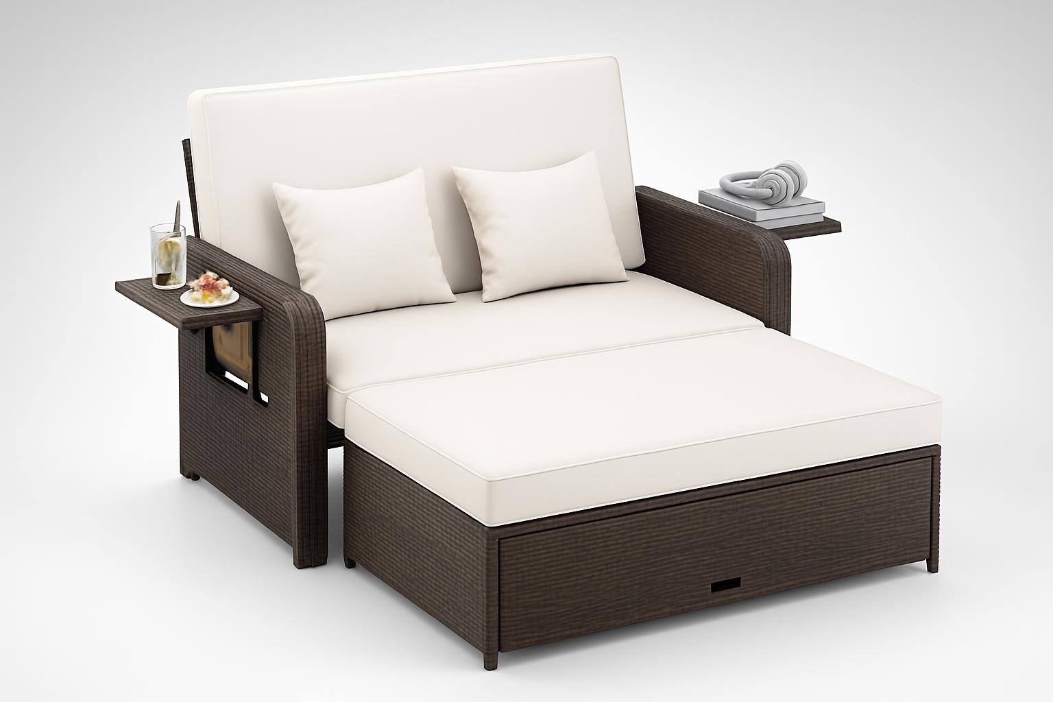 Divano da giardino in rattan GIANTEX con poggiapiedi: relax totale tra vasi di piante e profumo di fiori