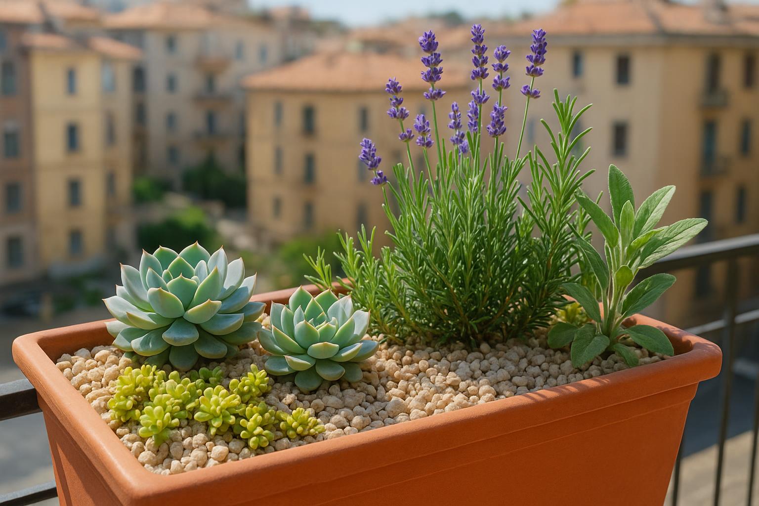 Piante grasse in fioriera mista con erbe mediterranee: idee per balconi assolati di metà luglio