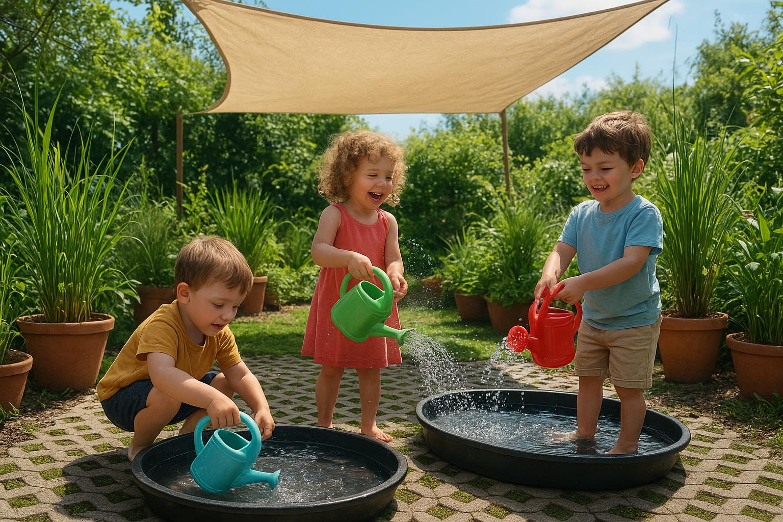 Zona giochi d’acqua in giardino per bambini: idee verdi e sicure senza piscina