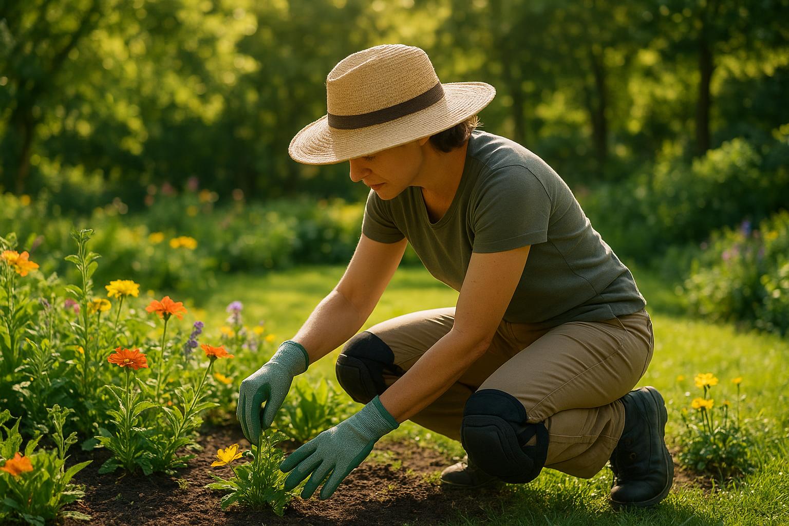 Equipaggiamento personale per il giardinaggio estivo: cappello, guanti e ginocchiere per lavorare in sicurezza
