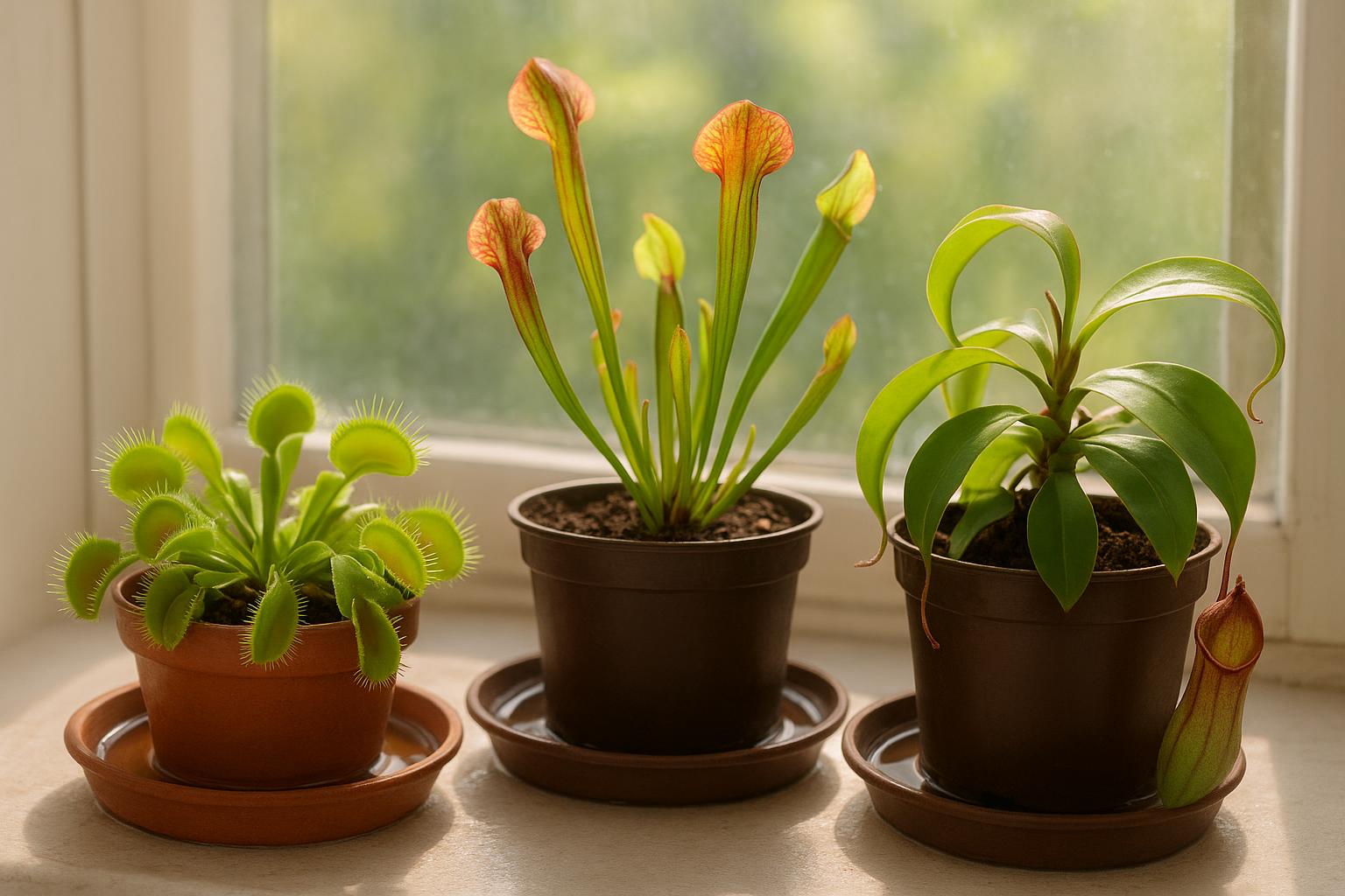 Piante carnivore in casa d’estate: come gestire luce, acqua piovana e vassoi per dionaea, sarracenia e nepenthes