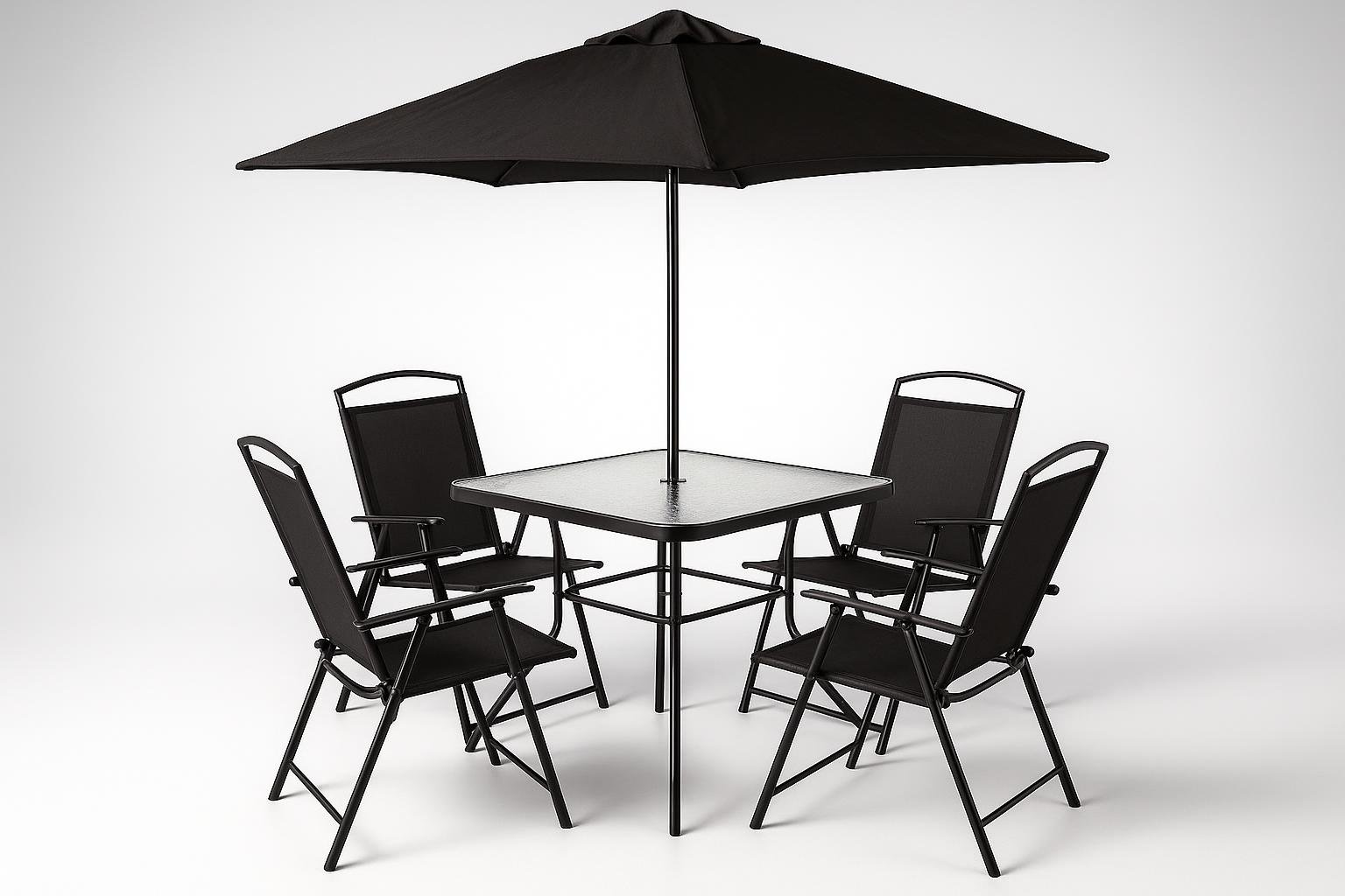 Set da pranzo da giardino Shally Dogan con ombrellone, tavolo e 4 sedie pieghevoli per il patio estivo