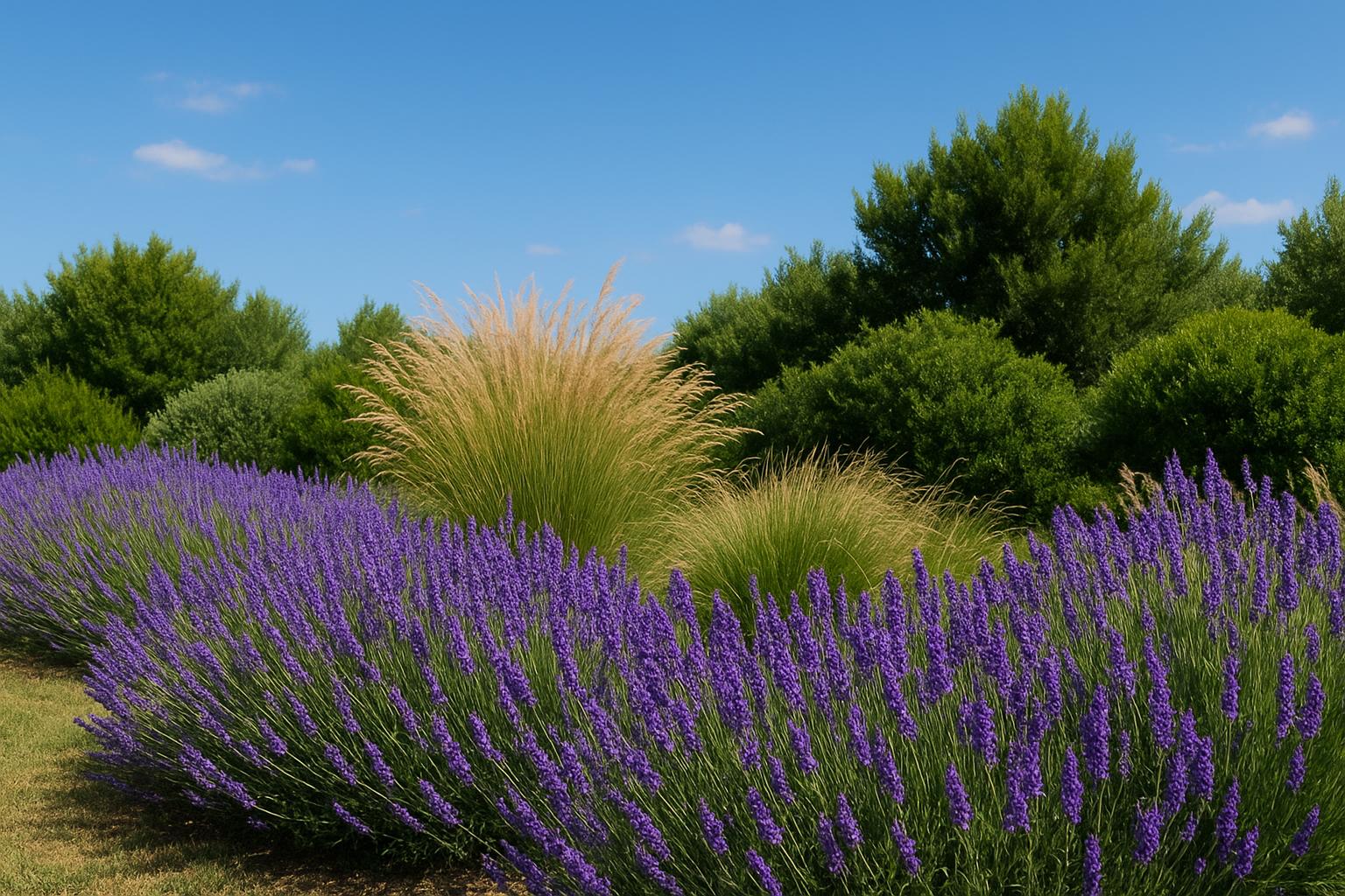 Bordure mediterranee di luglio: abbinare arbusti sempreverdi e graminacee per un giardino resistente