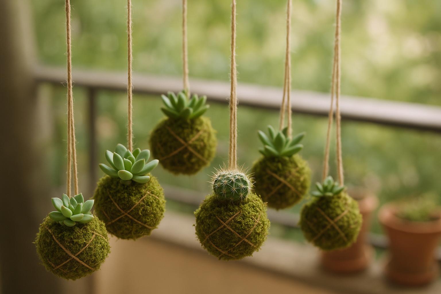 Kokedama con piante grasse: sfere di muschio sospese per balconi ombreggiati di luglio