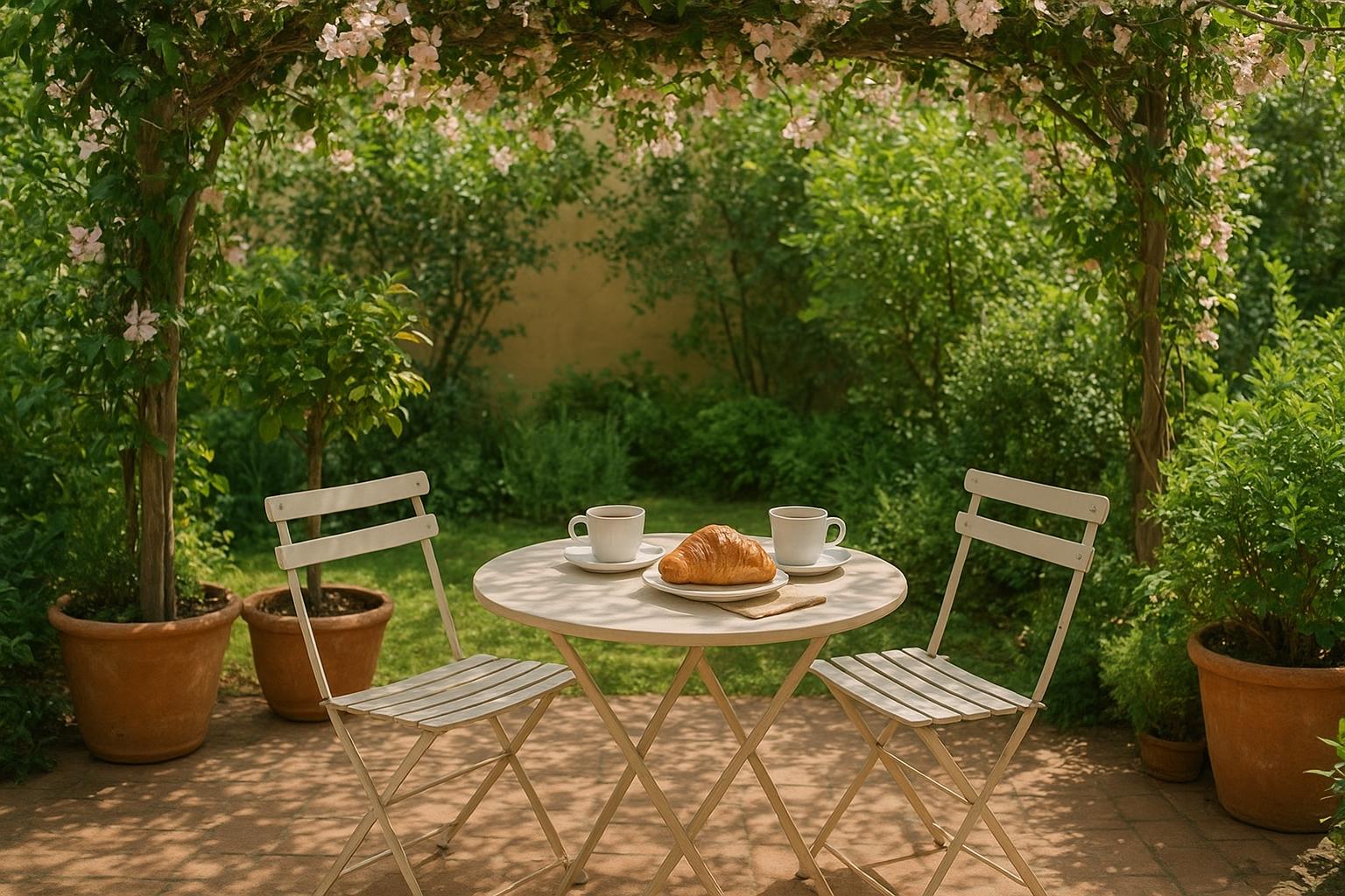 Colazione all’ombra in giardino a luglio: come arredare un angolo fresco tra vasi e rampicanti