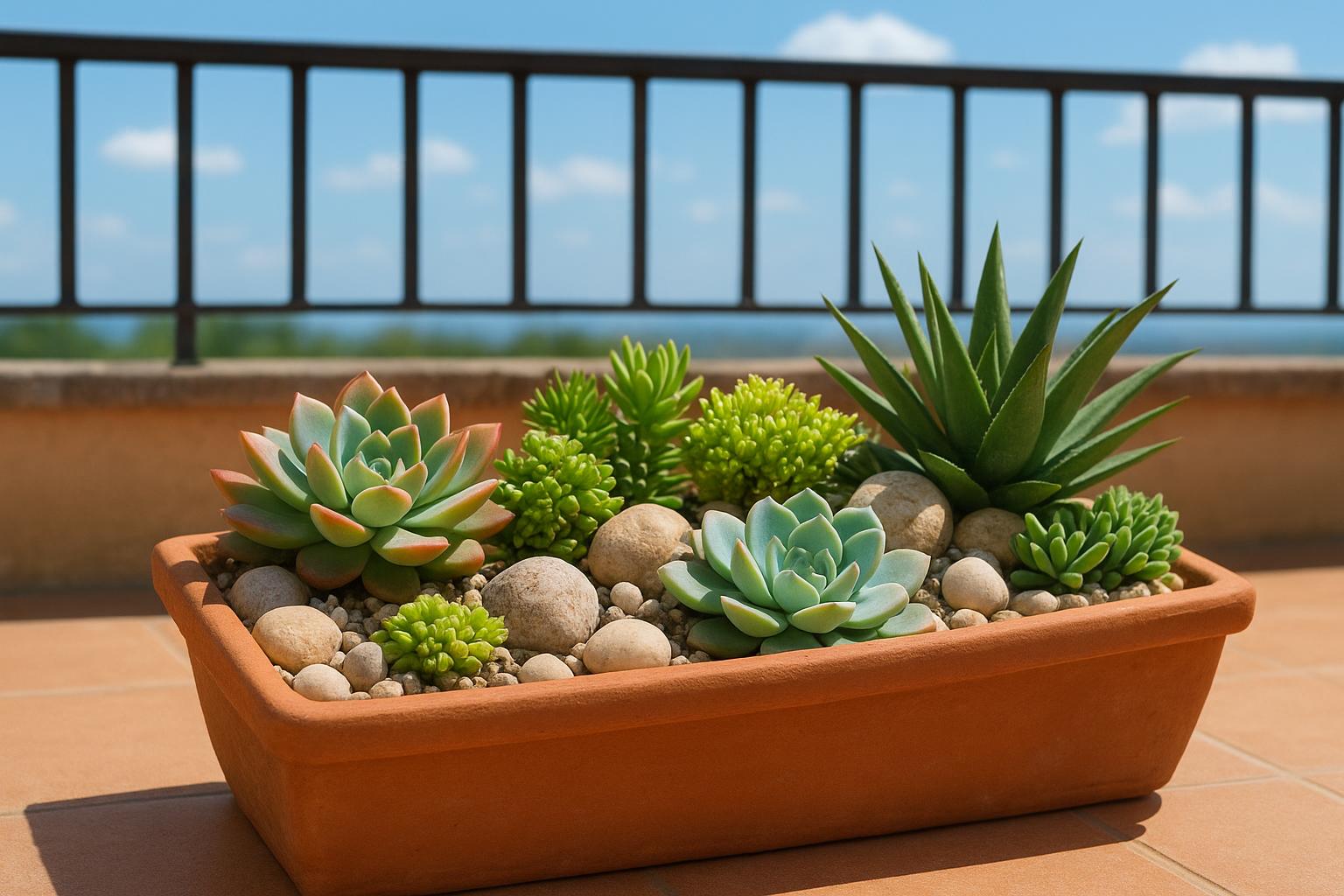 Piante grasse in fioriera con rocce decorative: idee per terrazzi assolati di luglio