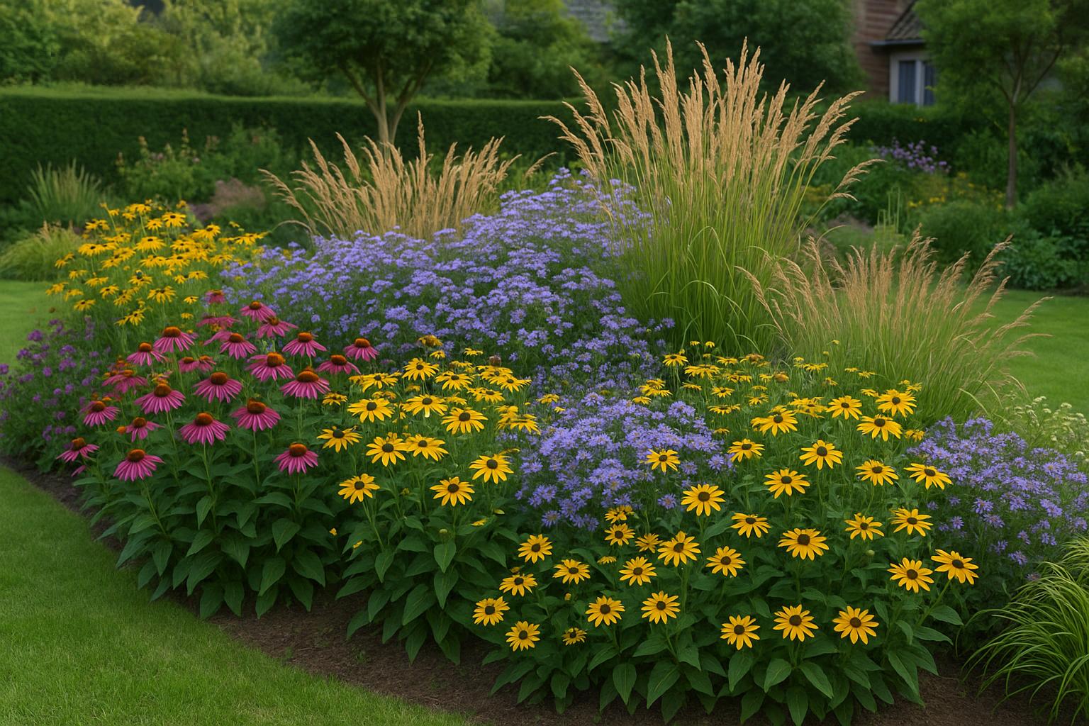 Bordura di fiori perenni sempre in fiore da agosto a ottobre: schema facile per giardini e aiuole