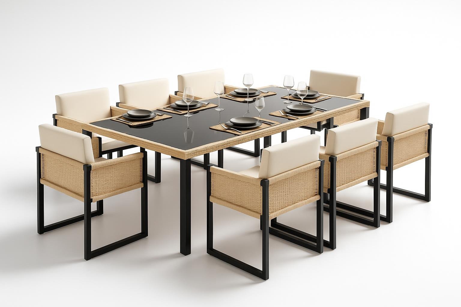 Set salotto da giardino in polyrattan Muskel, arredo completo per mangiare e rilassarsi all’aperto