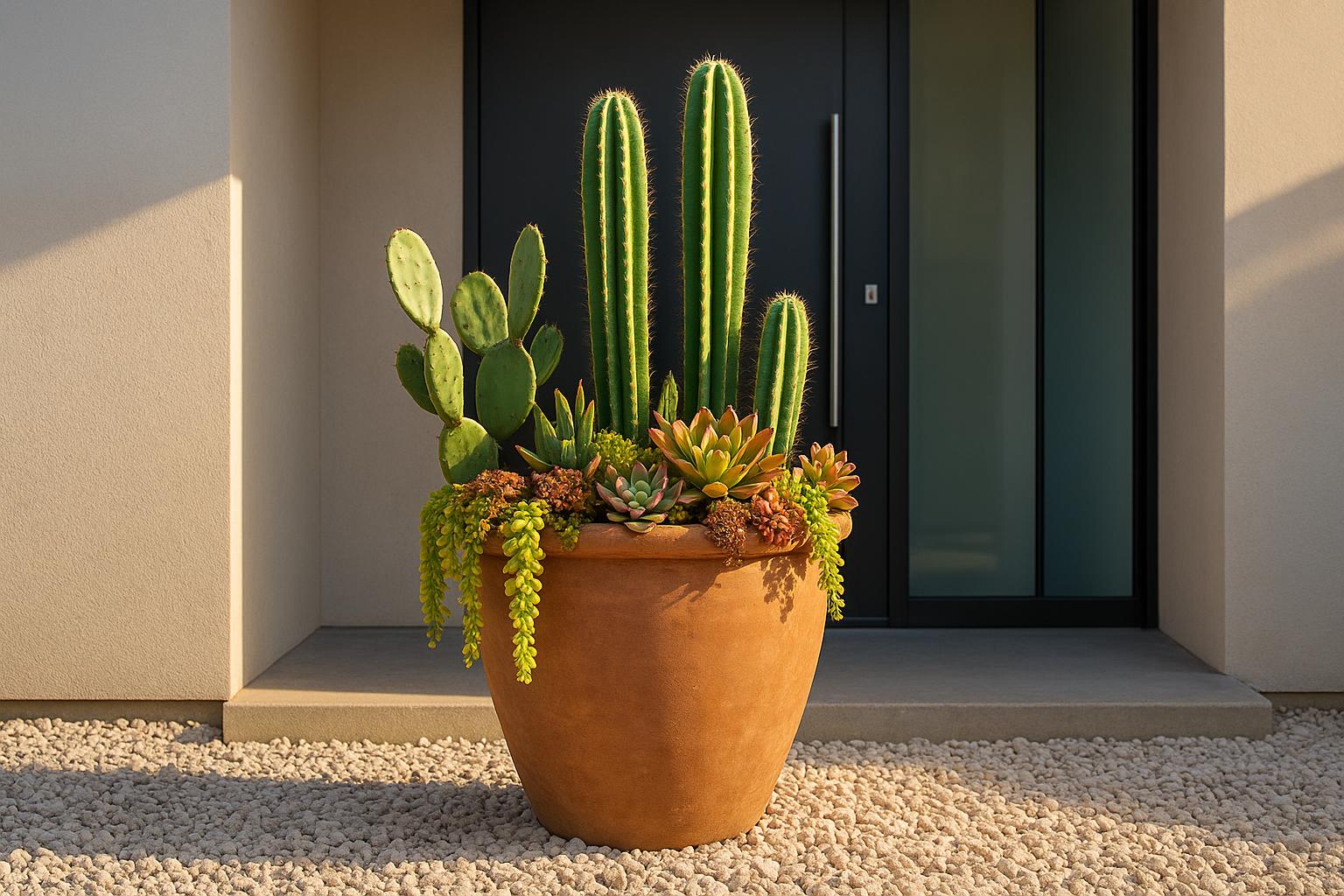 Grande vaso desertico all’ingresso: come combinare cactus e succulente in un unico contenitore scenografico