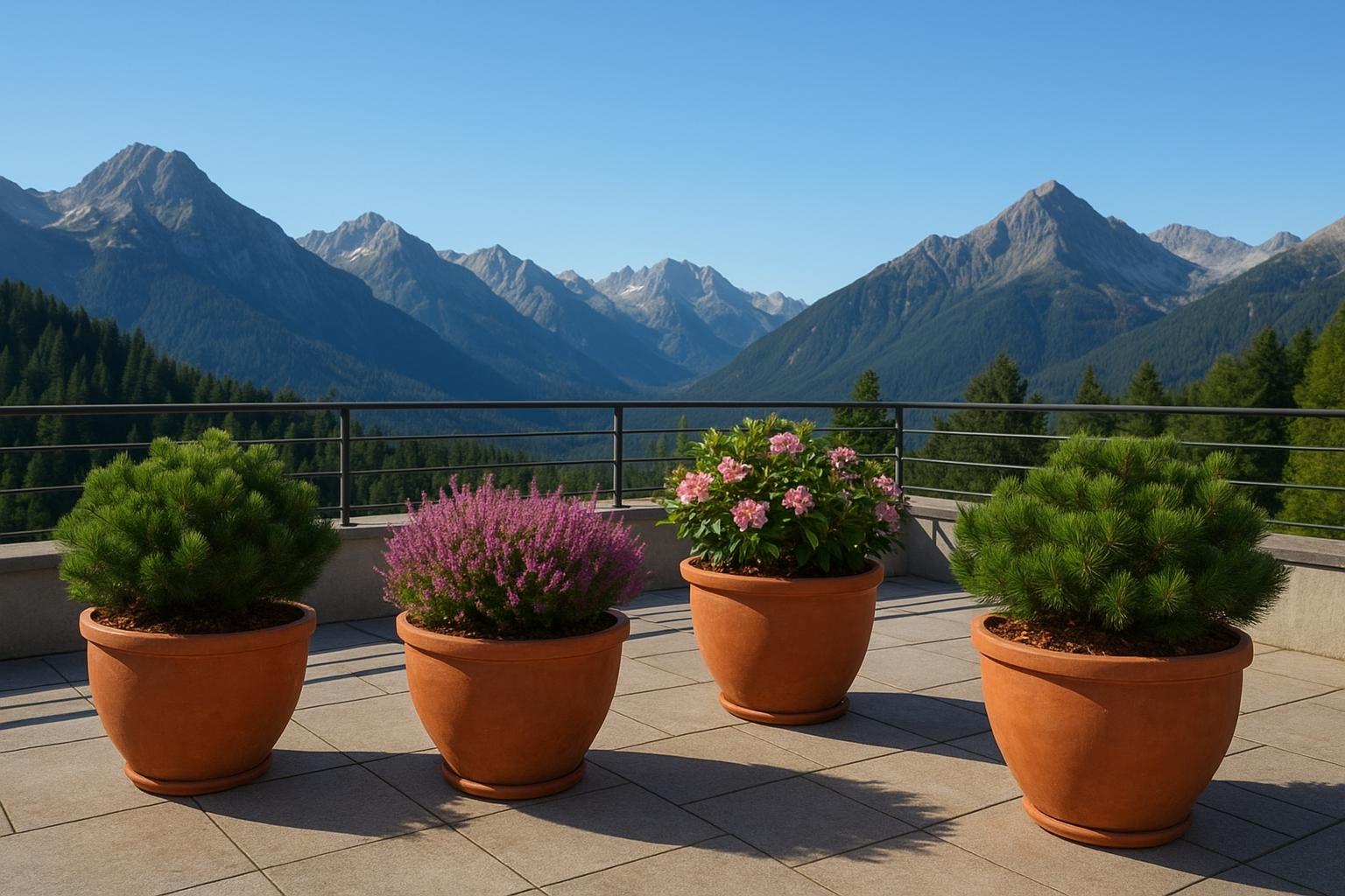 Arbusti sempreverdi compatti per terrazzi di montagna a fine estate