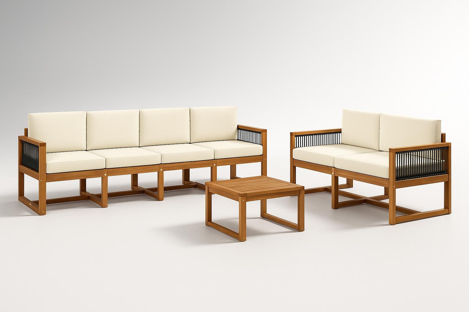 Set di divani da esterno 7 pz vidaXL naturale e crema: un salotto completo per il patio circondato dal verde