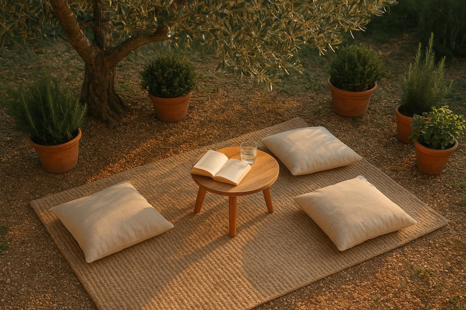 Angolo relax sotto l’ulivo: arredare con sedute basse e tavolino per godersi il giardino a fine estate