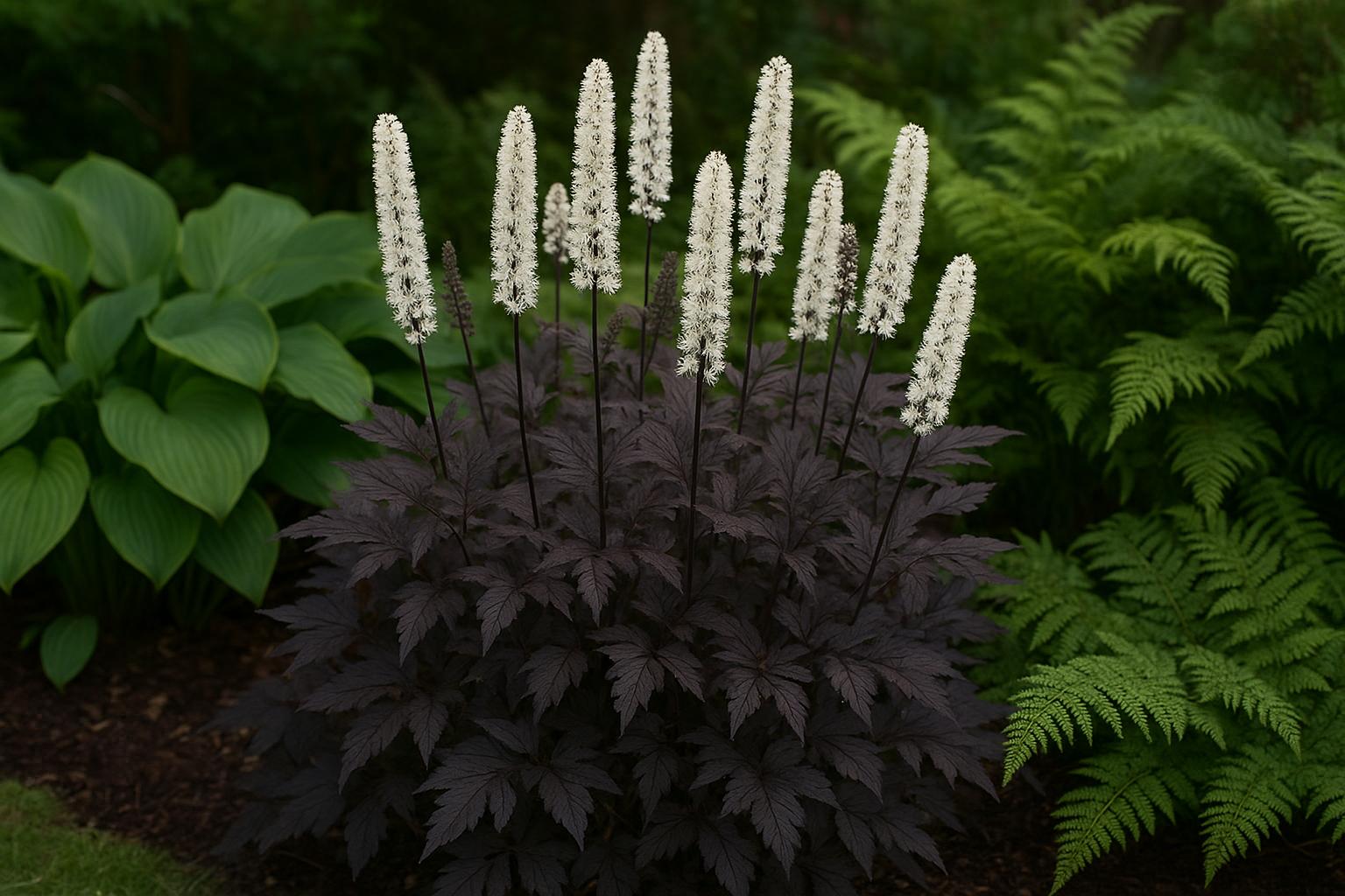 Actaea simplex per giardini ombrosi: fogliame scuro e spighe profumate a fine estate