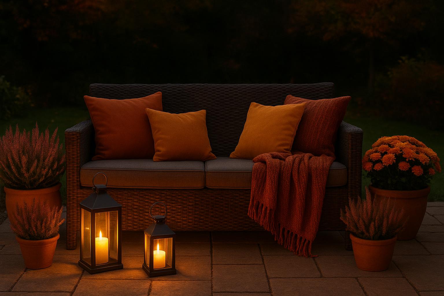 Salotto da giardino di fine stagione: idee per integrare luci calde, tessili e piante d’autunno